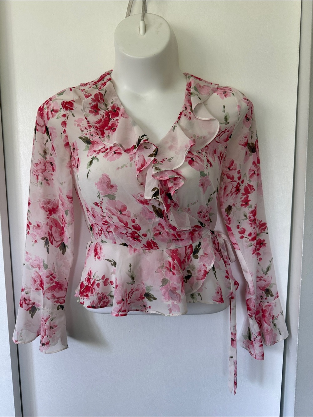 Floral Ruffle Wrap Blouse - Pink Floral